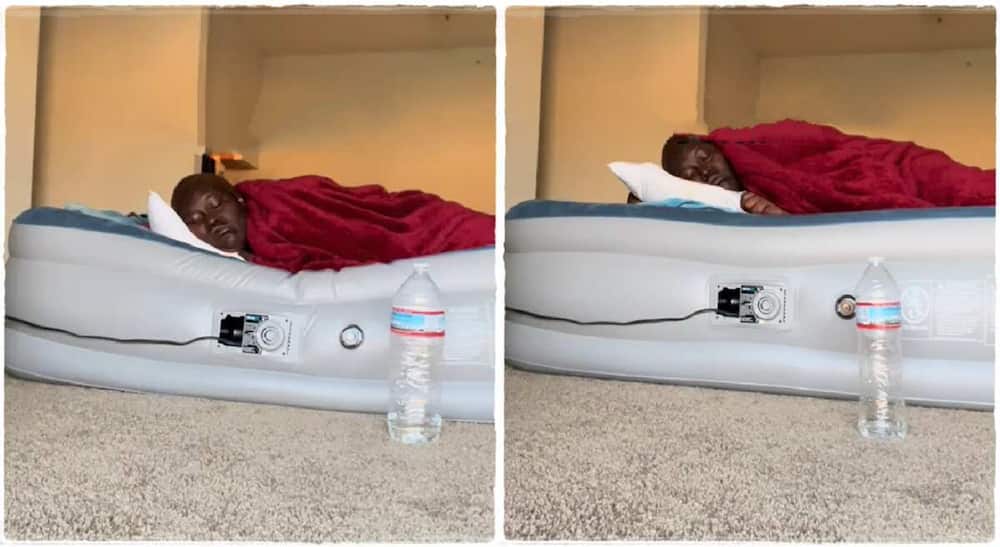 Photos of a lady sleeping on an air mattress.