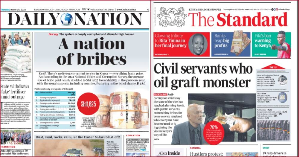 Daily Nation and The Standard headlines on March 28.