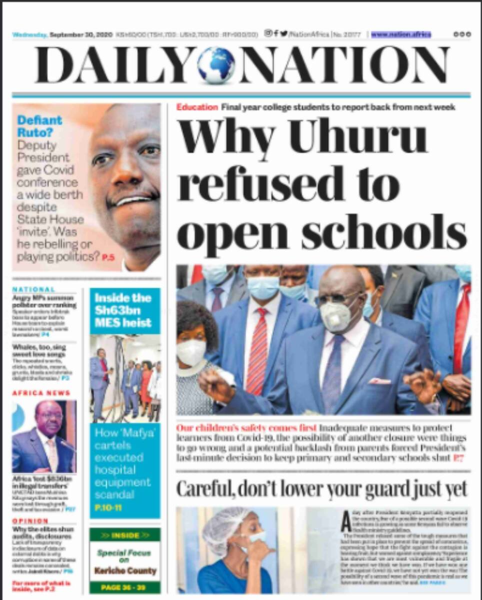 Kenyan newspapers review for September 30: Uhuru altered speech on school reopening, threw education officials under bus