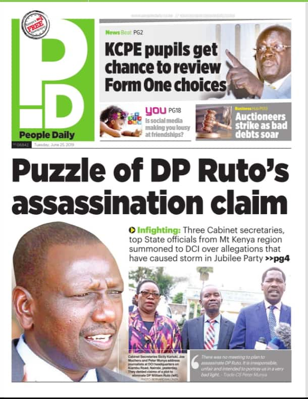 Magazeti ya Kenya Jumanne, Juni 25: Rais aamurisha DCI kuwachunguza mawaziri wanaohusika katika njama ya kummua Ruto