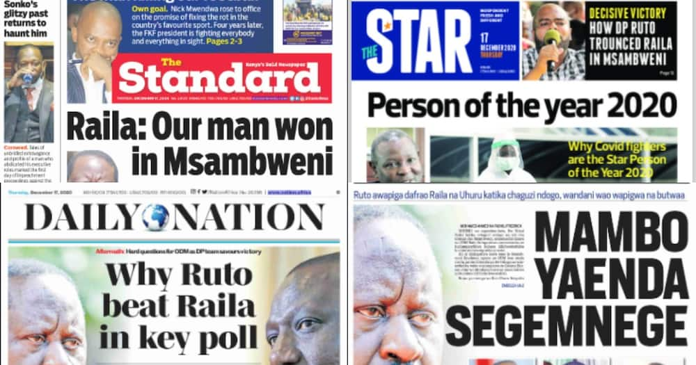 Kenyan newspapers review for December 17: Raila Odinga says ODM won Msambweni by-election