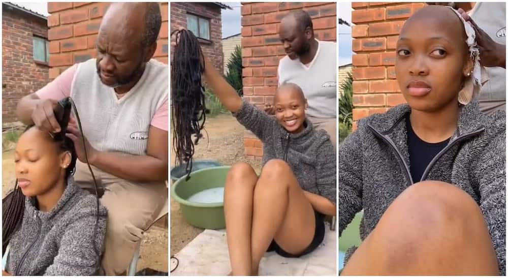 Photos of a dad cutting her grown daughter's hair.