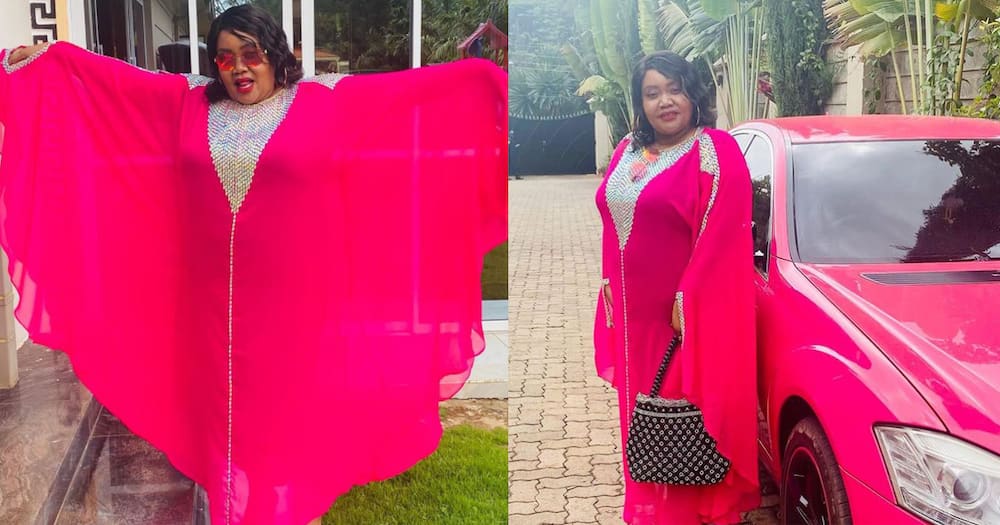 Mike Sonko's Wife Primrose Mbuvi Matches Outfit for The Day with Sleek Pink Car