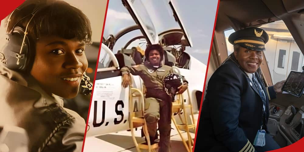 Collage of Theresa Claiborne posing with different aircrafts.