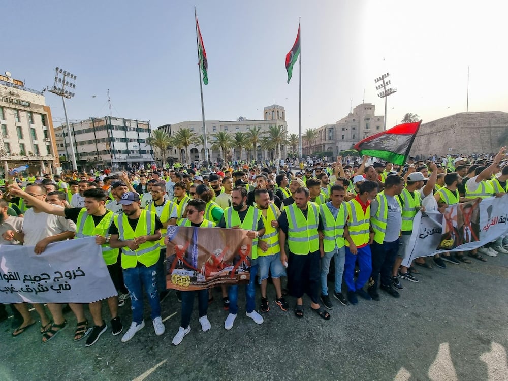 Libyans protested on July 1 on Martyrs' Square in Libya's capital Tripoli, against the political situation and dire living conditions