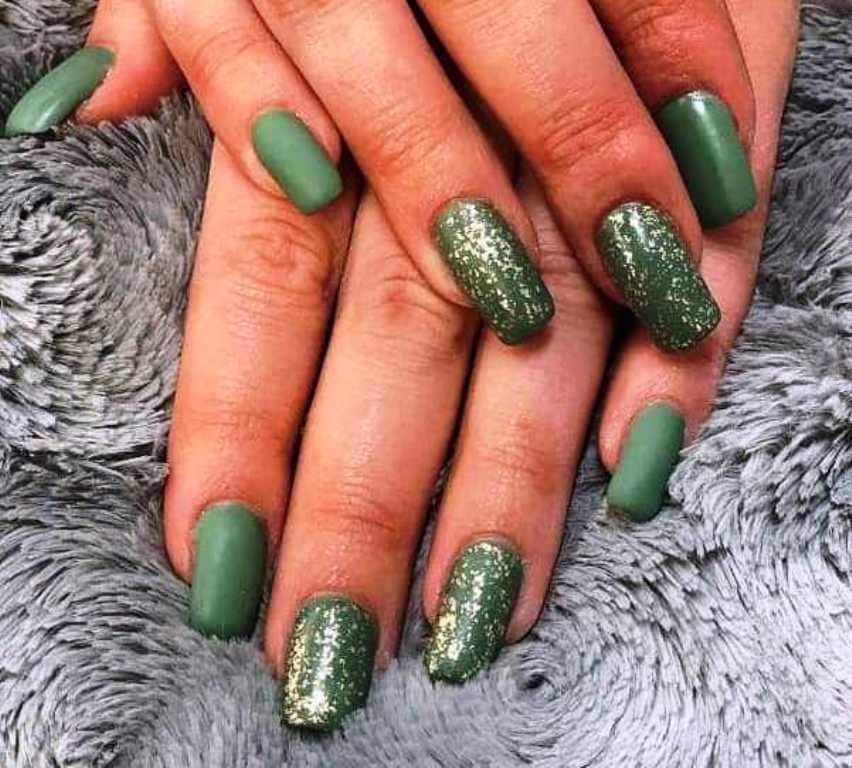 Olive green St. Patrick's Day nail design.