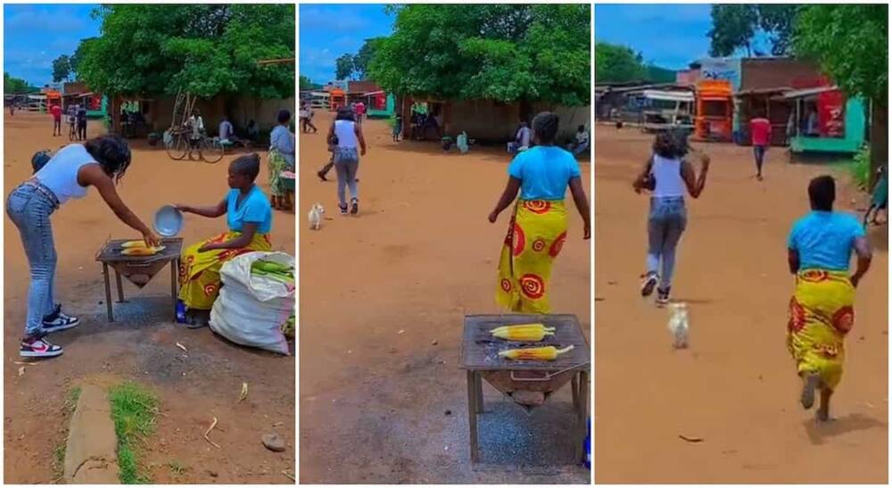 Photos of a maize seller chasing after a customer.