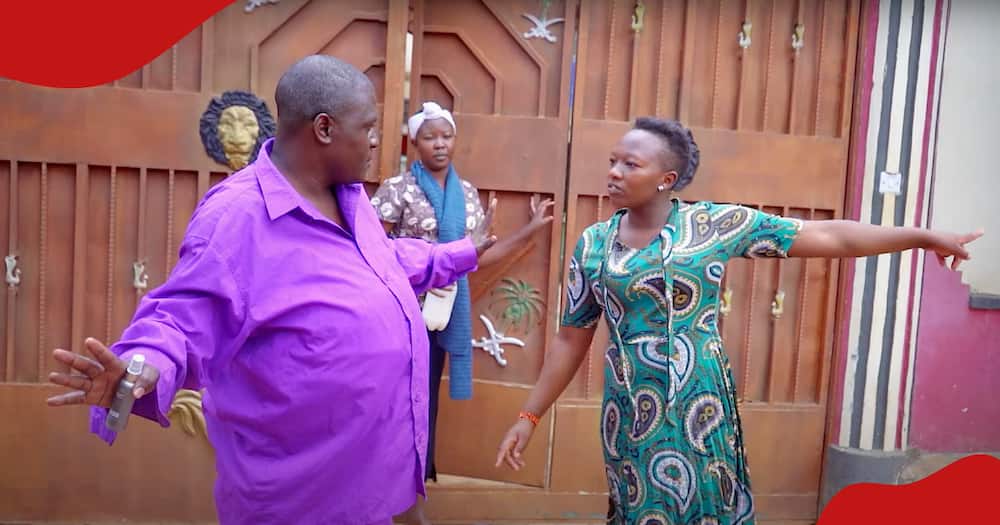 Rachel Ruto's lookalike Christine Kimondo confronts Victor Naman, playing Francis Atwoli in a YouTube skit.
