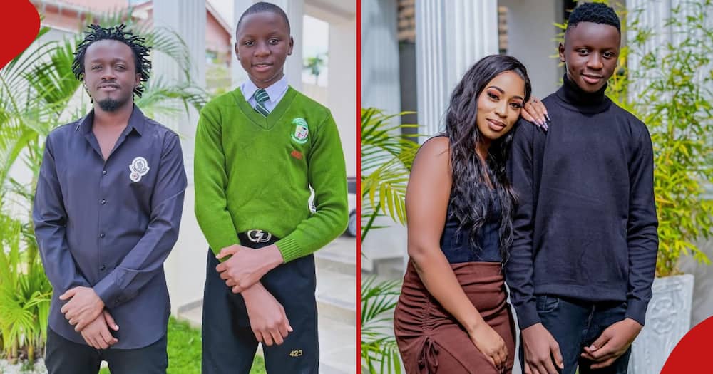 Bahati poses for a photo with his Form One son Morgan (l). Diana Marua enjoys the company of her son Morgan in their posh home compound (r).