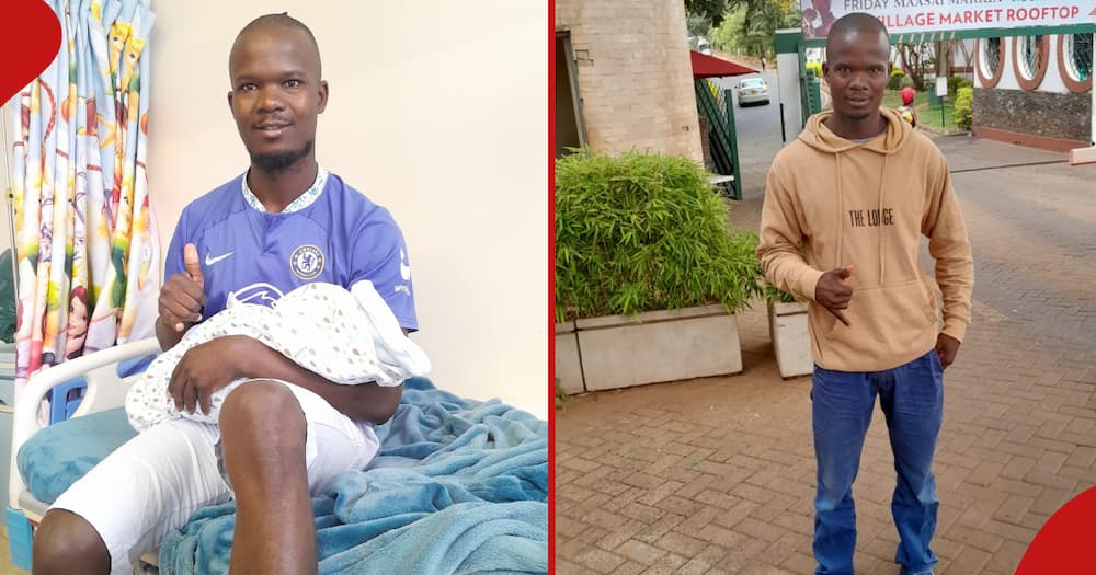 JKUAT student Abuya Masta with his newborn baby (l). Abuya poses for a photo (r).