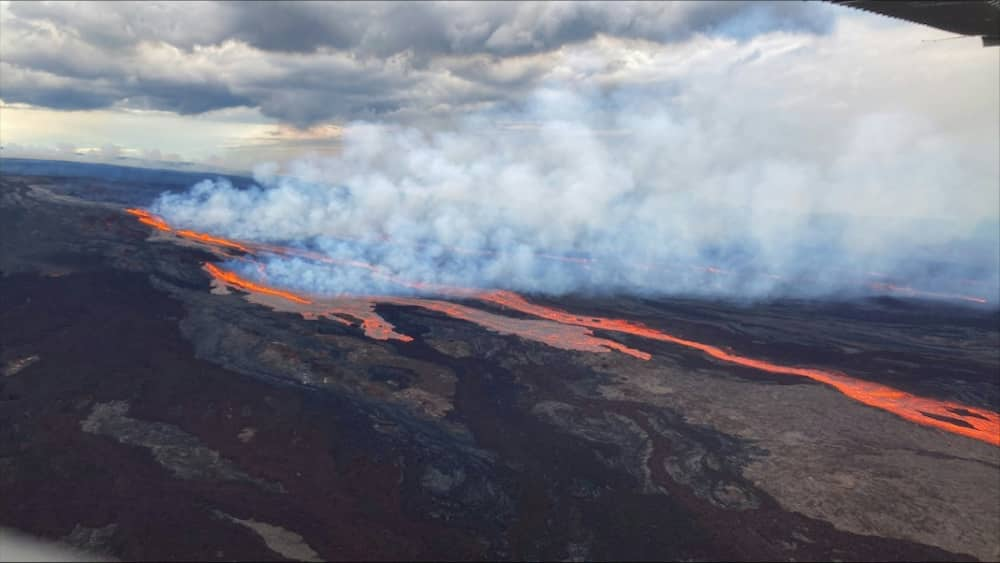 Rivers of molten rock are visible high up on Mauna Loa, the world's biggest volcano