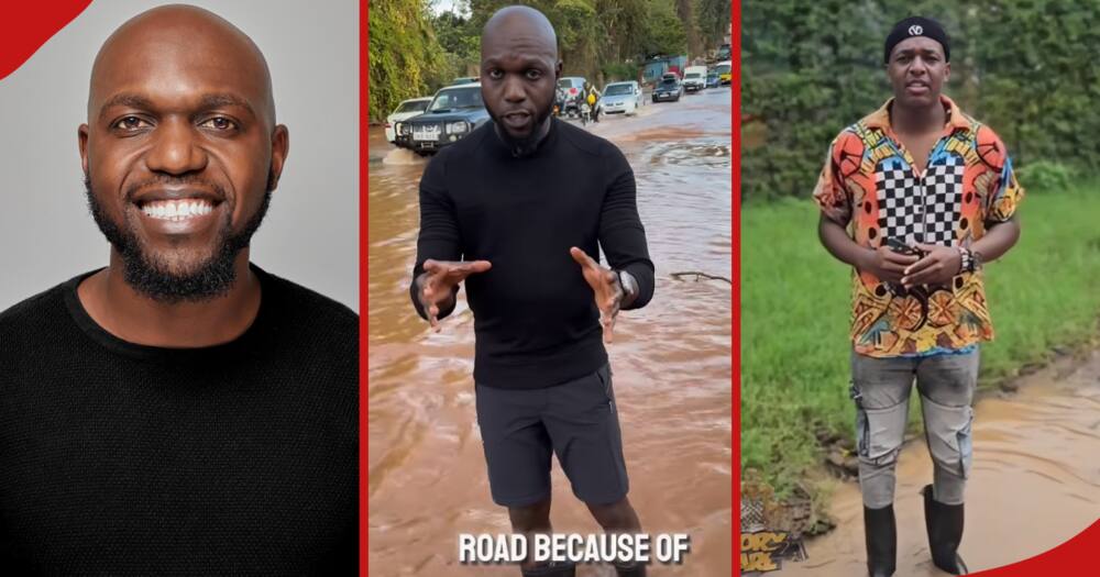 In the left frame, Larry Madowo smiles as he poses for a photo, and in the centre frame, he reports from a flooded area. In the right frame, @karlmbugua, aka Larry Madoadoa, mimics Madowo.