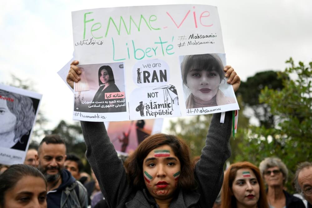 Protesters in Nantes, France show support for Iranian women fighting taboos and restrictions against removing headscarves