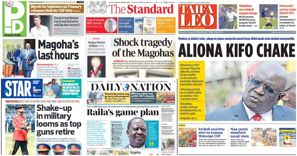 Newspapers. Photo: Screengrabs from The Standard, Daily Nation, The Star, People Daily and Taifa Leo.