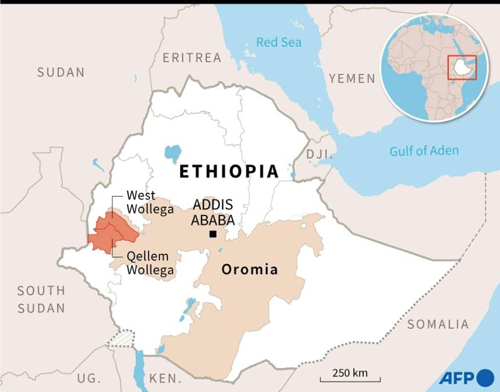 Map of Ethiopia locating the areas of West Wollega and Qellem Wollega in the region of Oromia