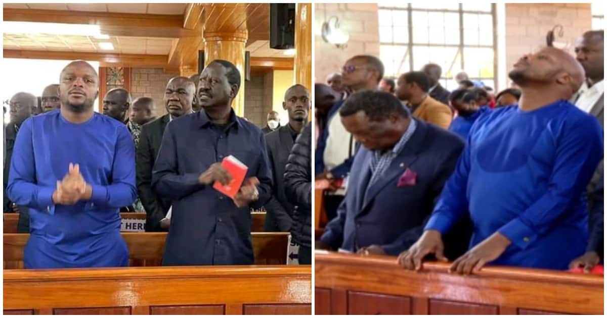 Jalang'o Spotted Deep in Prayer Sandwiched Between Raila Odinga and Francis Atwoli at Karen Church