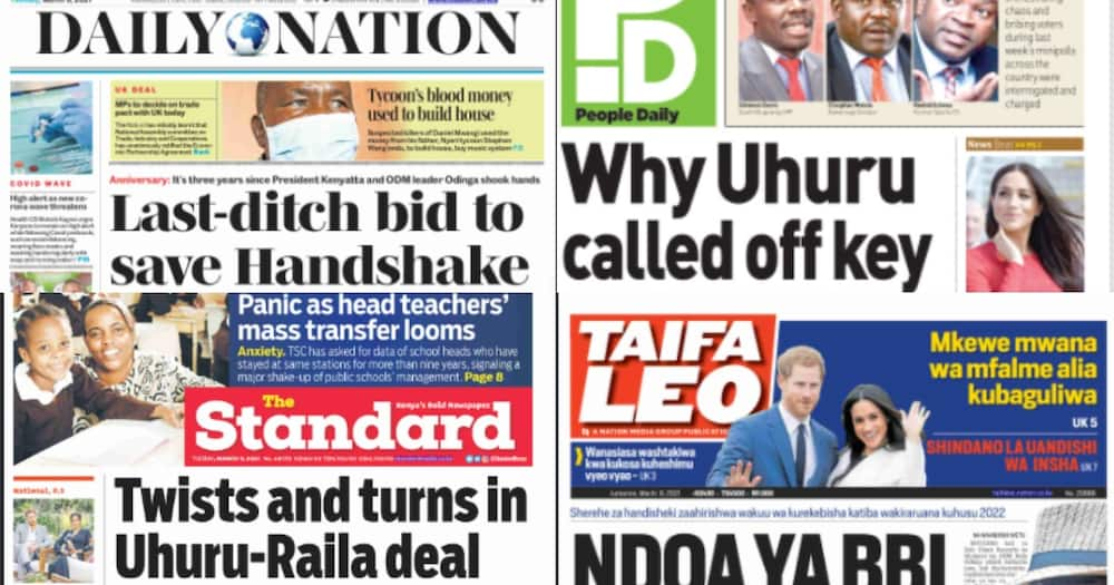 Kenyan newspapers review on March 9: Uhuru, Raila to meet at State House to save troubled handshake