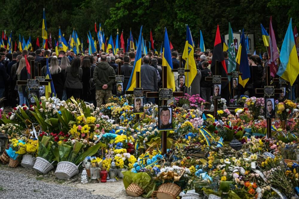 The funeral for Ukrainian serviceman Volodymyr Nestor, killed in combat with Russian troops, at a cemetery in Lviv