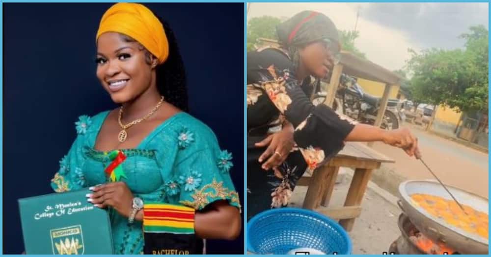 Photo of woman who bagged degree holding her certificate (l). Photo of degree holder cooking in the streets (r).