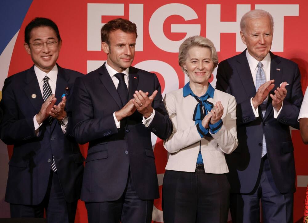 (L-R) Japanese Prime Minister Fumio Kishida, French President Emmanuel Macron, EU Commission President Ursula von der Leyen and US President Joe Biden applaud at the Global Fund's Seventh Replenishment Conference in New York