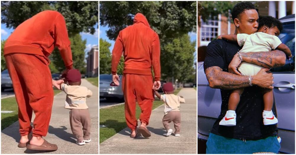 Rotimi walks with son.