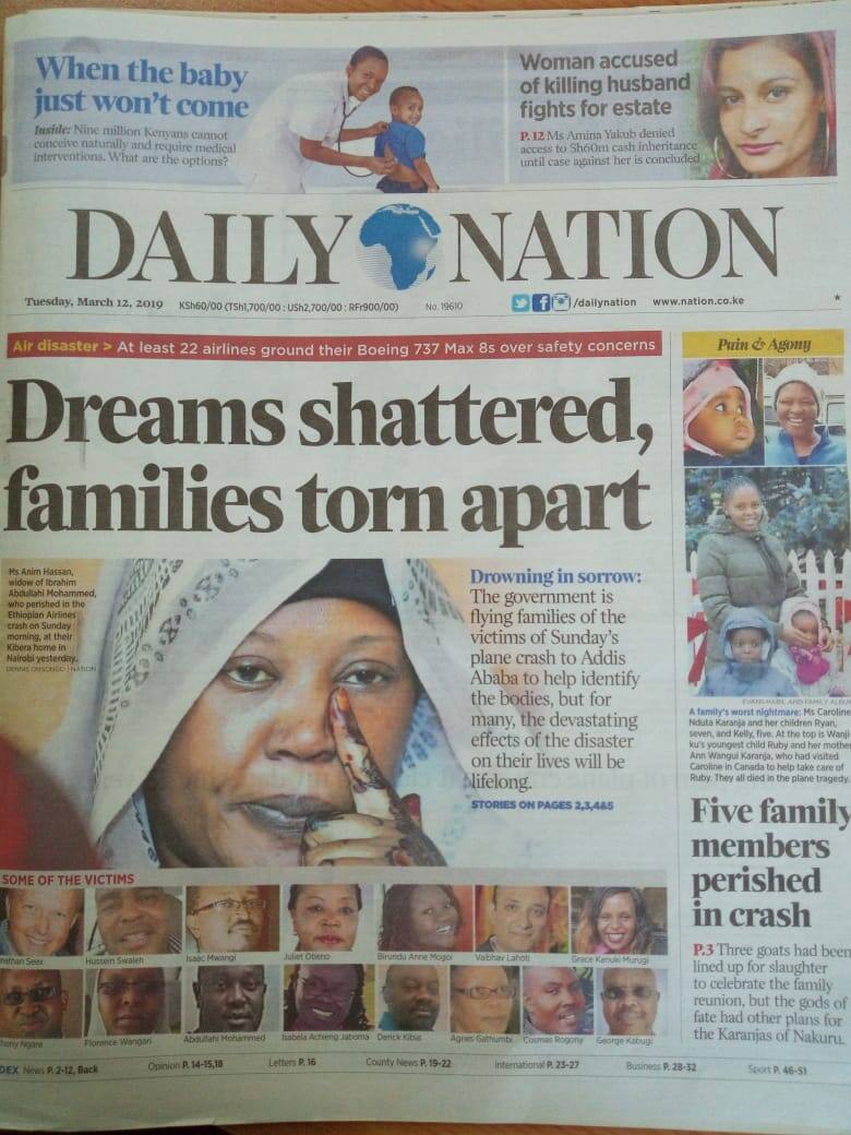 Kenyan newspapers review for March 12: Agony of mother losing second son to plane crash