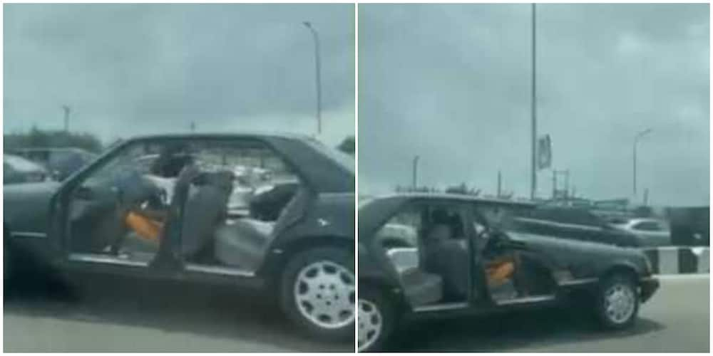 Two men were spotted driving a doorless car. Photo:@instablog9ja.