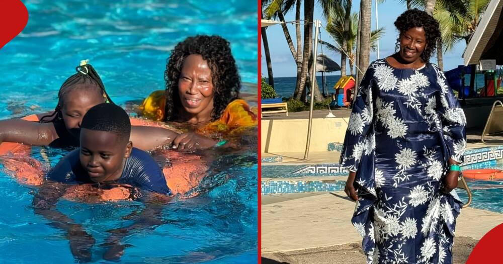 Brian Chira's grandma and cousins swimming (l). Chira's granny posing for a photo in Mombasa (r).