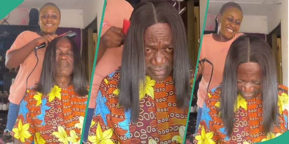 Girl shares father's reaction after putting her wig on his head.