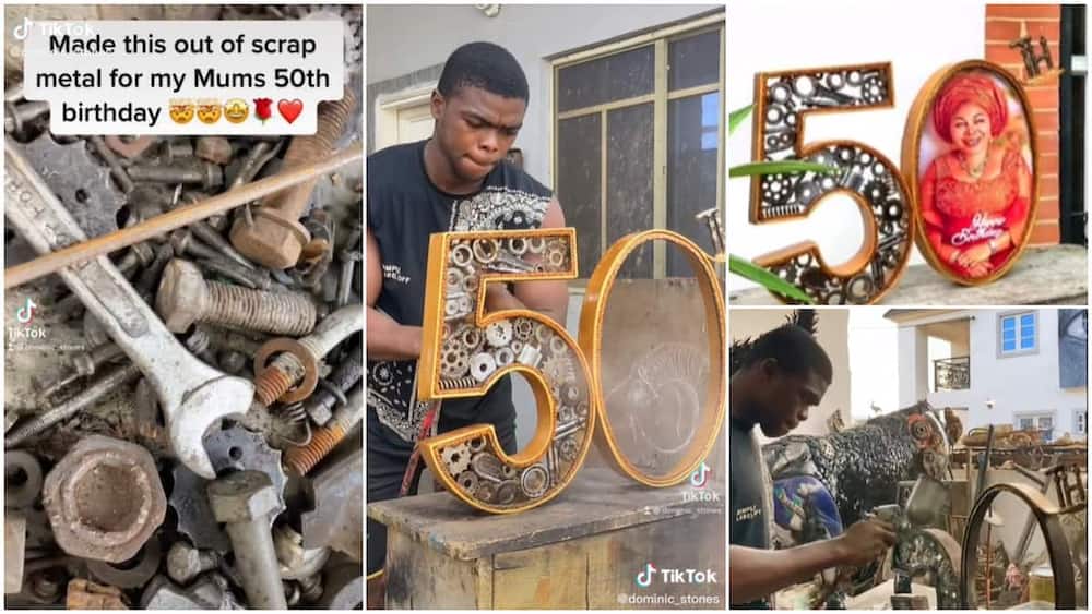 He used recycling waste materials to make birthday gift. Photo source: TikTok/@dominic_stones.