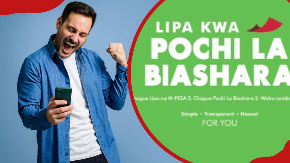 A man celebrating (L) and Safaricom's Pochi La Biashara logo