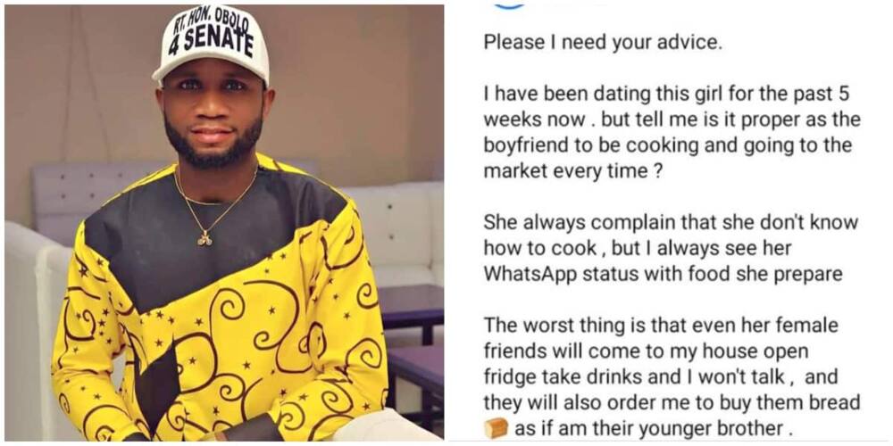 Nigerian man seeks advise on his girlfriend, says she complains not to know how to cook but posts food on her status.
