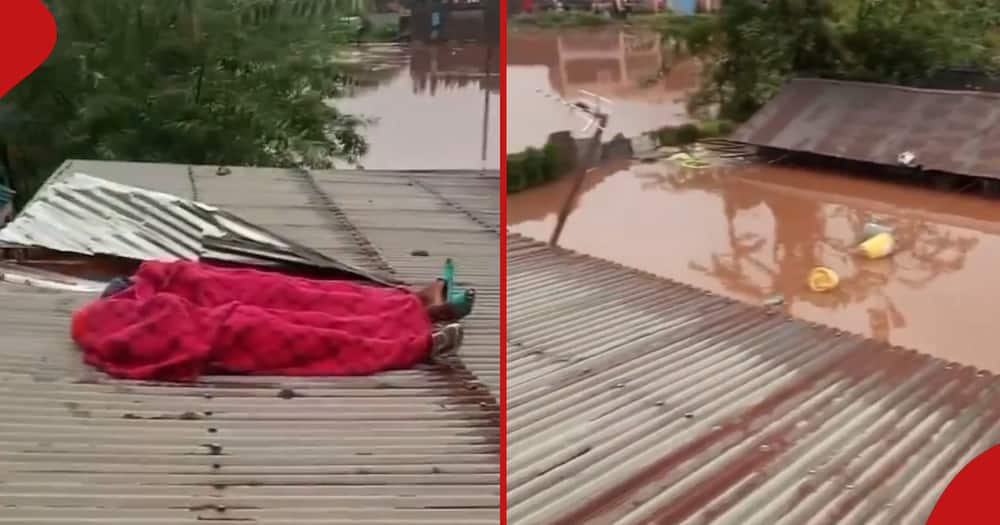 Githurai residents sleeping on their roofs (left). Flooding in Githurai (right).