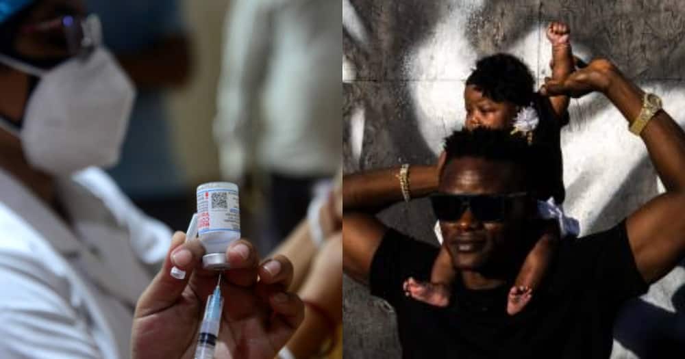 Needle preparation for use (l) and a man carrying a child (r).