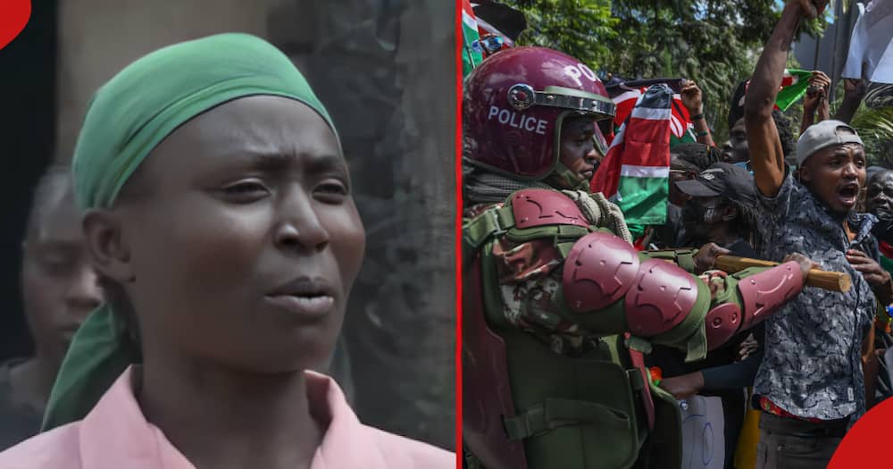 Nakuru mum Maria Khayanga speaks on death of son (l). Kenyan police officers intervene in people during a protest against the tax hikes in planned Finance Bill 2024 (r).