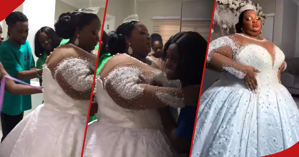 Video shows plus size woman struggling to fit into wedding gown.