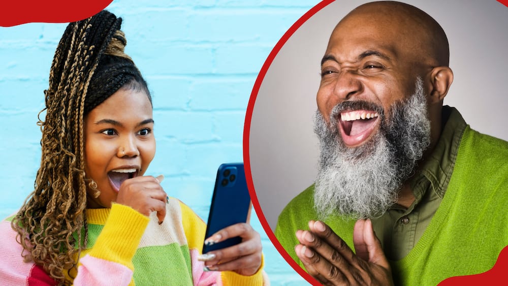 A woman reacting to something on the phone (L), a man laughing (R)