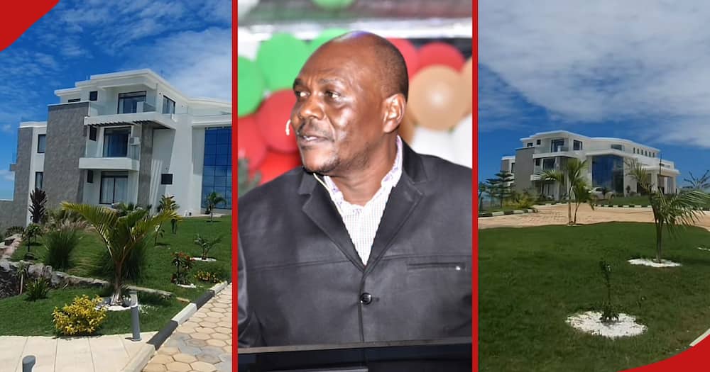 A video of Walter Ogwada's (centre) magnificent mansion (left and right) has left netizens wowed.