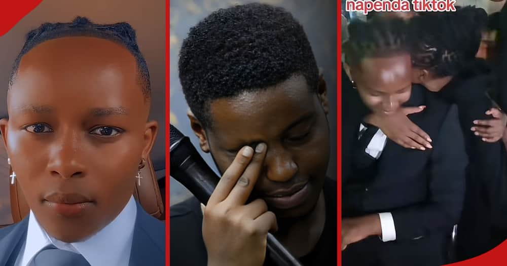 Tizian Savage appearing sad during his friend's funeral (left). Tizian and Hannah Benta (right). Brian Chira touching his eyes while holding a mic (centre)