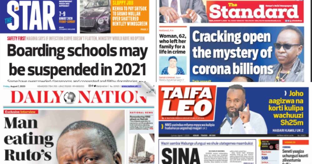 Kenyan Newspapers review for August 7: Boarding schools likely to shut down in January 2021