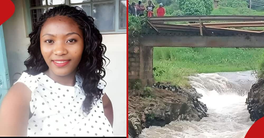 Collage of Moreen Wangui (l) who fell in River Nyamindi (r).
