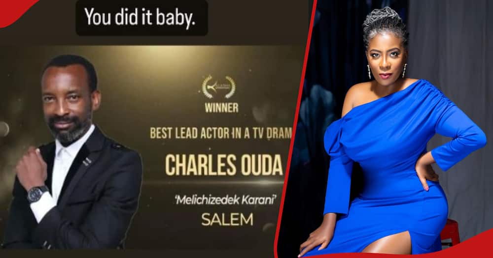 The left frame shows a screenshot of Ciru Muriuki's post after Charles Ouda's win at the Kalasha Awards, and the right frame show Ciru in a blue dress during a photoshoot.