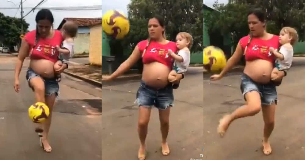 Pregnant lady on heels shows off her football juggling skills while carrying her child