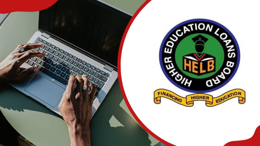 A collage of a person using their laptop and the HELB logo