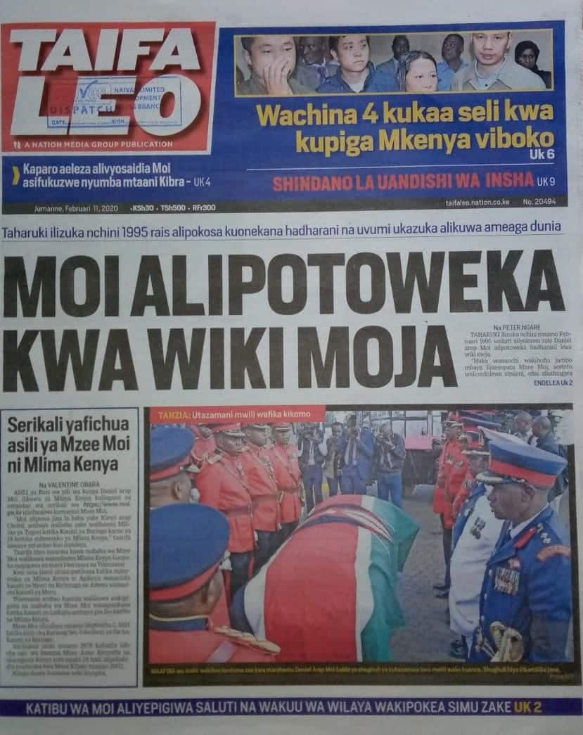 Kenyan newspapers review for February 11: Daniel Moi's funeral to cost KSh 300m