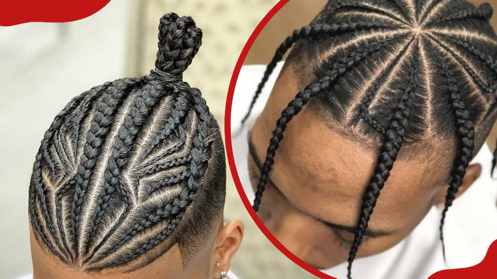 A collage of men's cornrow with bun and spider braids