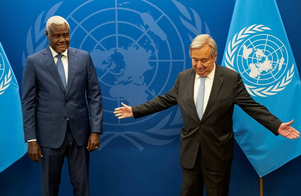 Chairperson of the African Union Commission Moussa Faki Mahamat  meets with United Nations Secretary-General Antonio Guterres at the UN headquarters in New York