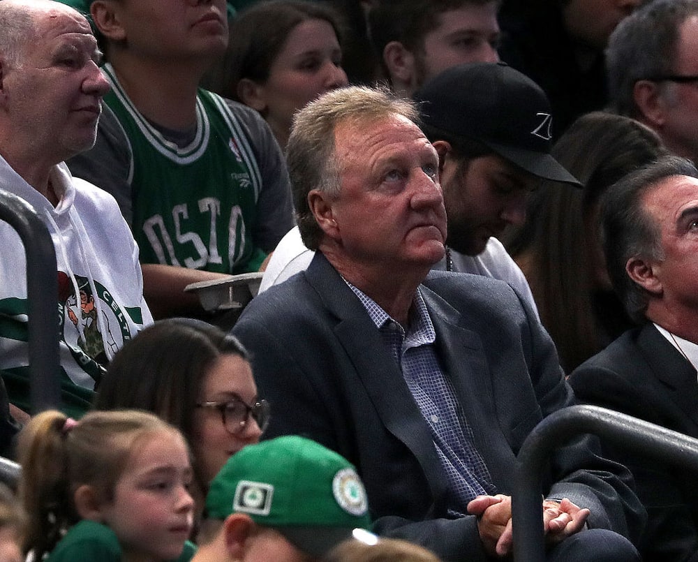 Former Boston Celtics player Larry Bird watches the game. The Boston Celtics host the Indiana Pacers in Game 1 of the Eastern Conference First Round of the NBA playoffs at TD Garden in Boston on April 14, 2019. (Photo by Barry Chin