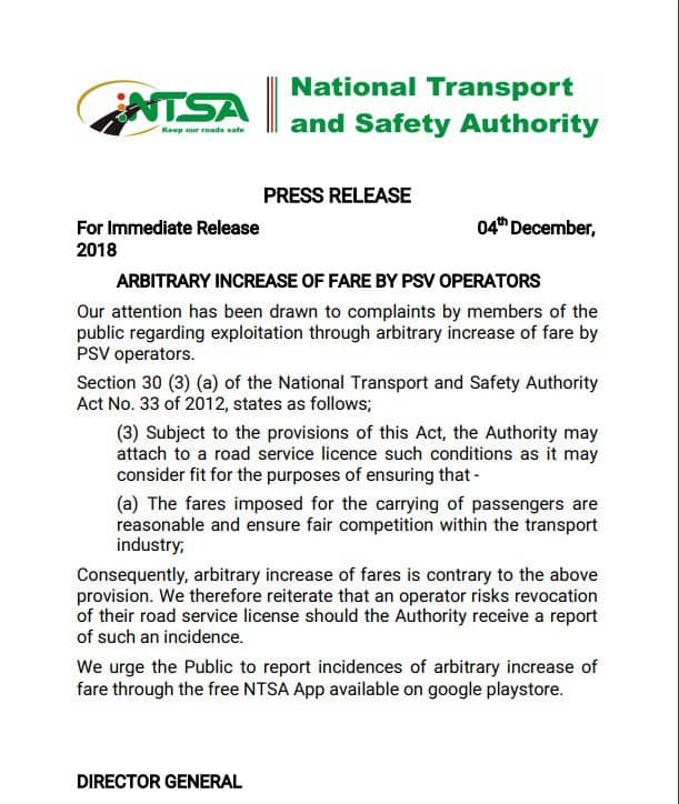 NTSA to withdraw license of PSV operators overcharging passengers