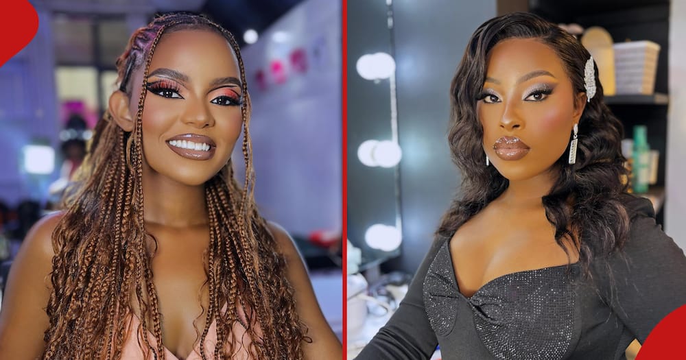 Boina wears a makeup look done by MUA Viggy Mbuthi (left). Viggy shows off her made up face (right).